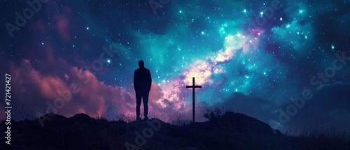 Silhouetted Figure Embraces Spiritual Connection Under A Celestial Sky With Christian Cross. Сoncept Abstract Sculptures, Nature-Inspired Art, Urban Street Art, Minimalist Photography, Macro Close-Ups