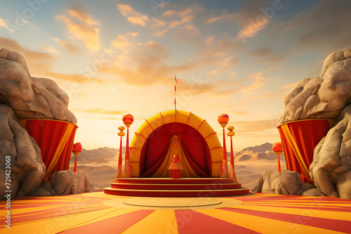 Stone podium circus tent as backdrop vibrant red and yellow
