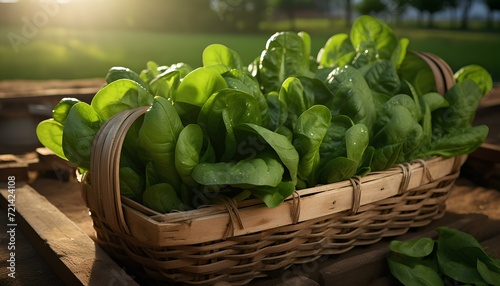 spinach in a basket. spinach in box. fresh spinach leaves in basket on wooden table. spinach in nature. spinach harvest season. leafy green Spinacia oleracea
