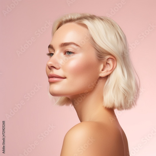 Profile of beautiful woman on pink background.