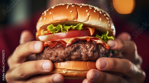 A burger is being eaten by a person from a close-up perspective.
