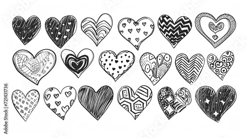 Monochrome set of astrakhan hearts. Heart doodles set. Hand drawn hearts collection. Design for coloring books, educational games, covers.