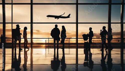 Silhouette of passengers waiting in front of the window at the airport and the airliner. 