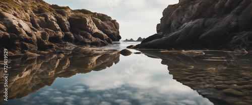 Rocky Coastline Reflection, a rugged coastline with cliffs and rocks reflected in tidal pools
