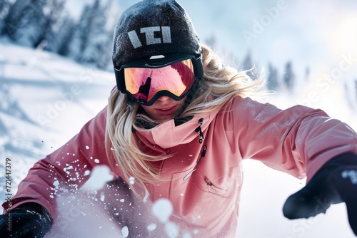 Close-up of female snowboarder wearing pink suit, black helmet and goggles in the mountains. Young blonde woman athlete sliding down the snowy slope. Dynamic shot. Active lifestyle and sports concept.