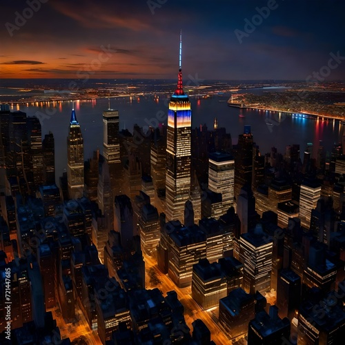 city skyline, A helicopter flies over the illuminated Midtown Manhattan at night, capturing the stunning architecture and the busy streets. The Empire State Building, the Chrysler Building, and the R