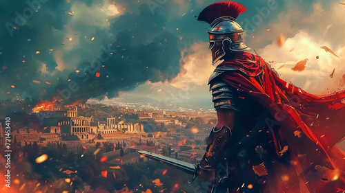 a roman soldier with sword in his hand watching the roman empire fall, generative AI