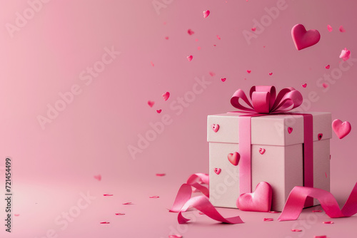 caja regalo rosa empaquetada con lazo del mismo color , junto a pequeños corazones de papel de color rosa, sobre superficie y fondo rosa con corazones volando
