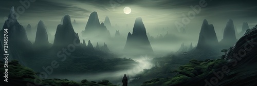 Scenic panorama of a mystical foggy forest nestled in a valley, with a flowing river, cascading waterfall, and illuminated by the enchanting light of a full moon