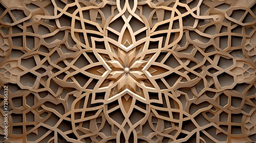 The background of an arabesque pattern is decorated with islamic ornament in geometric 3d shapes.