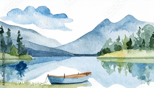 水彩風の山の風景とボート