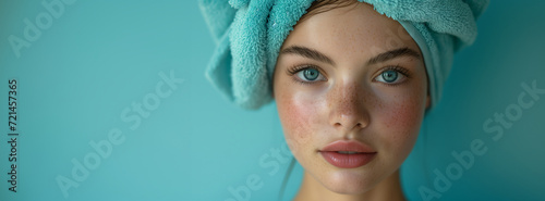 Girl with a teal towel wrapped around her head against blue background. Image for a facial spa or wellness center, skincare brand. Banner with copy space.