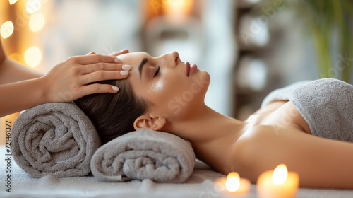 young woman lying down with her eyes closed, appearing to be in a receiving a spa treatment