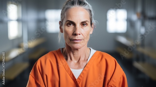 Senior woman in prison uniform sits behind bars in dark prison for criminal acts leaving free life. Fair punishment of perpetrator for prohibited events. Woman angry face and hatred of female