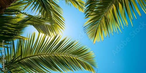 Tropical paradise view of palm leaves against a clear blue sky. summer vacation background. nature's beauty captured. perfect for travel themes. AI
