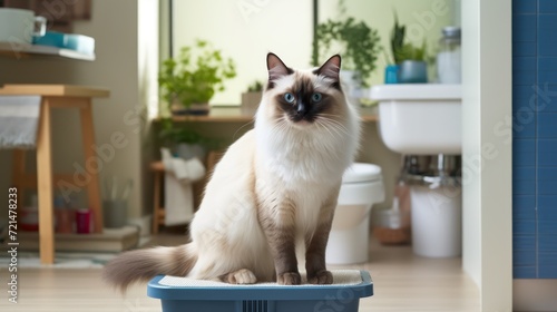 The Balinese cat sitting in cozy interior background with litter box, pet toilet care concept.