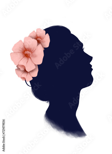 ilustración de la silueta de una mujer con el cabello recogido y tres flores rosa decorando su cabello , feliz día internacional de la mujer 8 de marzo