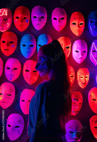 hypocritical, two-faced girl in a mask stands against the background of masks with different faces, generative AI