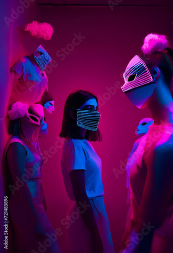 unemotional, hypocritical, two-faced girl in a mask stands near same peoples, generative AI