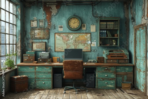 As the light filters through the dirty window of the abandoned room, the decaying furniture and cabinetry stand as reminders of a forgotten past, while the computer and desk offer a glimpse into a on