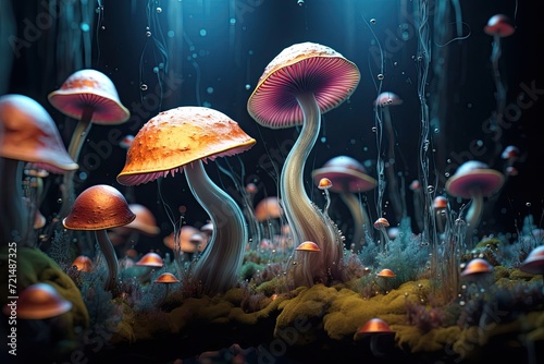 Beautiful and colorful mushrooms. Vivid magic mushroom forest. Psychedelic mushrooms radiating a magical, surreal energy