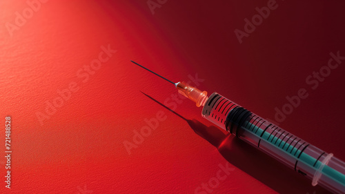 A medical syringe casts a long shadow on a striking red background