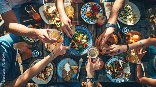 Top view of a group of people sitting around a rustic wooden dining table, toasting with their glasses raised amidst a spread of various dishes