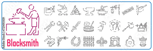 Blacksmith line icon set. Crafting anvil with hammer line art vector icon for games and websites