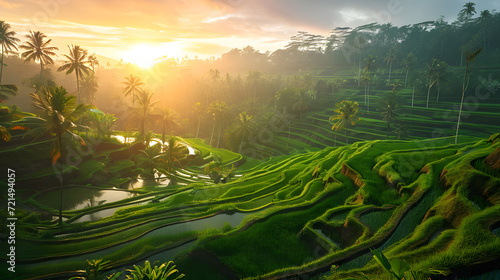 Terrace rice fields in Bali, Indonesia at sunset