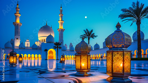 Grand Sheikh Zayed Mosque at dusk, with its majestic white marble architecture against the Abu Dhabi skyline