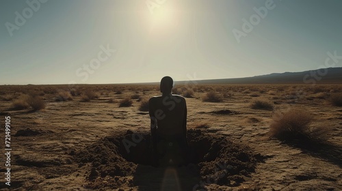 person in a desolate landscape, and the scene is set in a barren, sunlit desert. The opening shot shows black man burying himself in a shallow grave, setting a mysterious and somewhat eerie tone