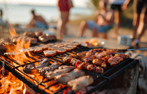 Barbecue meat and vegetables on grille on people party seaside blurred background, sunny day