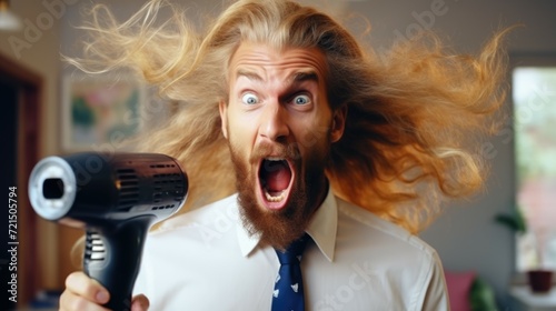 A man blow drying his long hair. Can be used for haircare product advertisements