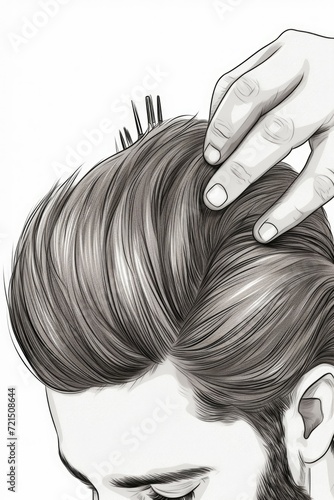 A drawing depicting a man getting his hair cut. This image can be used to illustrate a barber shop scene or for hair care related articles