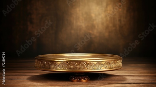 A gold plate sitting on top of a wooden table. Perfect for food photography or elegant table settings