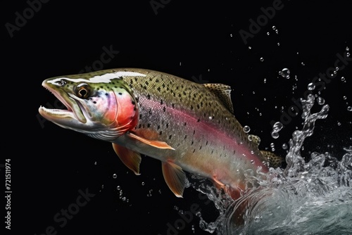 A stunning image capturing a rainbow trout as it jumps out of the water. Perfect for illustrating the excitement and energy of fishing or showcasing the beauty of underwater wildlife.