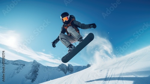 A man is captured in mid-air while riding a snowboard. This action-packed image can be used to showcase extreme sports or winter adventure activities