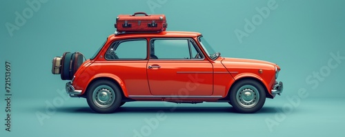 A sleek red car, adorned with a suitcase atop, sits ready to embark on an adventure, its shiny wheels and fender hinting at the possibilities of the open road