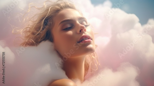 A woman with her eyes closed, peacefully resting in the clouds. Can be used to depict relaxation, meditation, dreaming, or escapism.