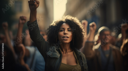 African American woman shouts a cry against the backdrop of a crowd of people