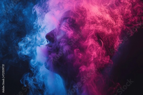 smoke on black and women´s face in mystery surrounding, Ethereal tendrils of navy and magenta vapor curl and twist in a lively display of color and motion.. 