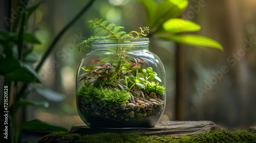 Terrarium in a jar composed of soil, pebbles, moss and fern, ai generative
