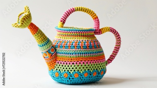 a skillfully woven crochet watering can emoji, featuring intricate patterns and refreshing colors on a white backdrop