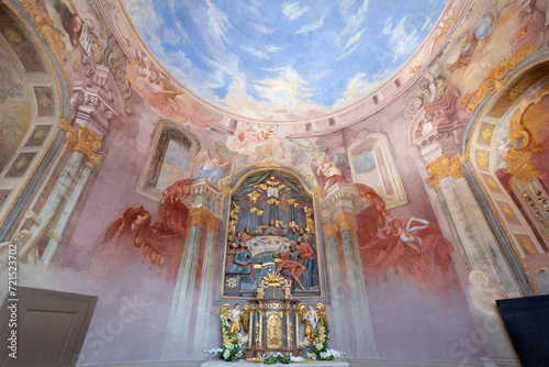 BANSKA STIAVNICA, SLOVAKIA - FEBRUARY 20, 2015: The fresco and altar in the lower church of baroque calvary by Anton Schmidt from years 1745 in the Chapel of the Last supper.