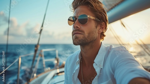 A young handsome man sails on a luxury yacht in the ocean