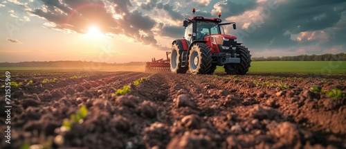 A farmer in a tractors and harvester working in the field to prepares the ground . Agriculture concept suitable for production. A tractor on a soybean farm in the spring sunset. generative ai