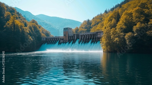 Beautiful background with a water hydro station on the river. Sunny summer day