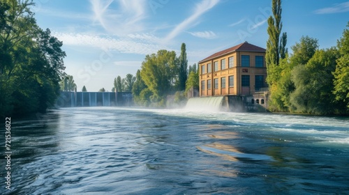 Beautiful background with a water hydro station on the river. Sunny summer day