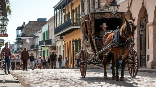 A horse-drawn carriage rides down a cobblestone street in a historic district