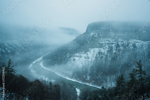 View of the Genesee River gorge on a snowy winter day from Archery Field Overlook, Letchworth State Park, Castile, New York